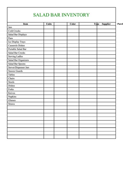 salad bar inventory printable
