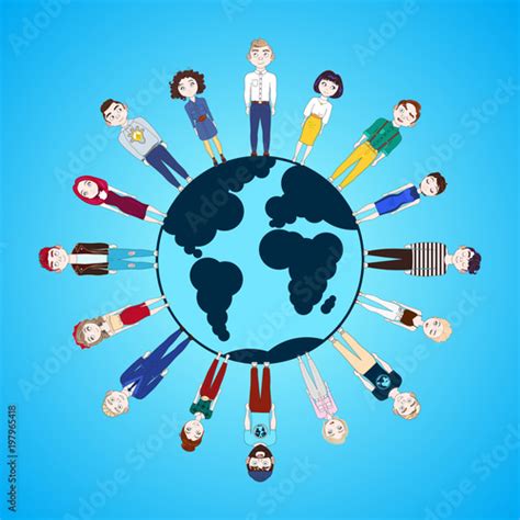 People Standing Around Globe Isolated On Blue Background Earth Day