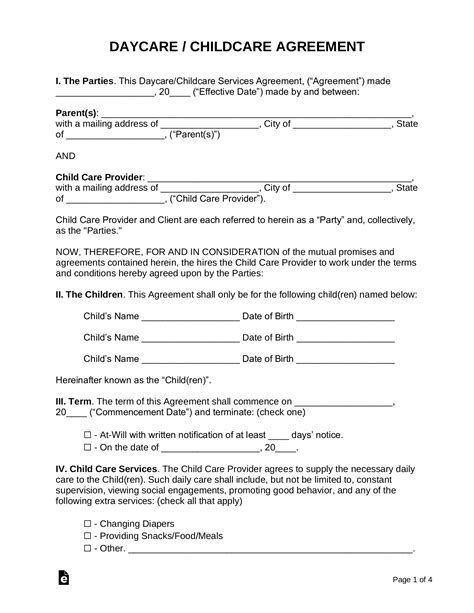 Child Care Contract Template Free Printable Templates