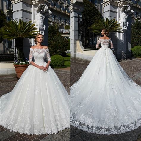 Discount Elegant Lace Princess Wedding Dresses Off Shoulder Long Sleeve