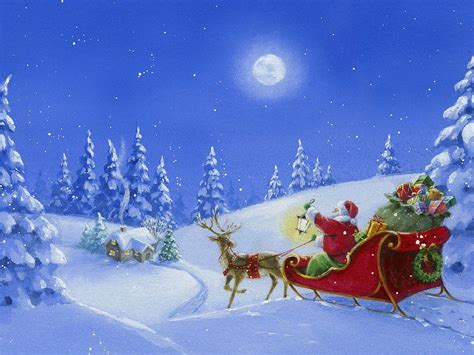 Santa Sleigh And Reindeers In Sky Wallpapers Wallpaper Cave