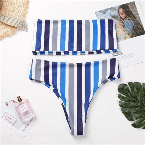Women Sexy Stripe Printed Bikini Set Push Up Padded Bow Swimwear