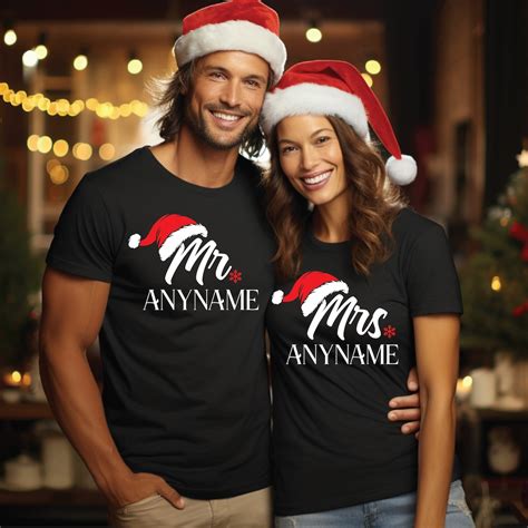 Santa Hat Mr And Mrs Any Name Personalised Christmas T Shirt Christmas