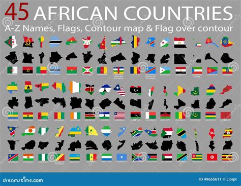 45 African Countries A Z Namesflagscontour And National Flag Over