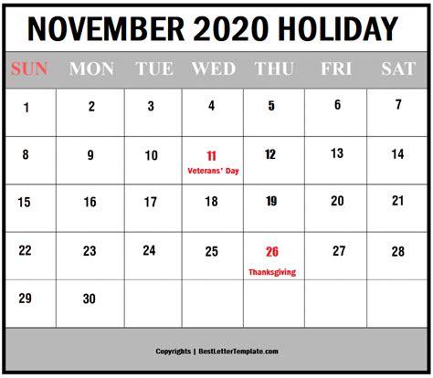 November 2020 Calendar With Holidays