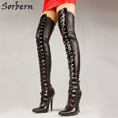 Sorbern 2018 Women Thigh High Black Latex Lace Up With 4 Inch High Heel