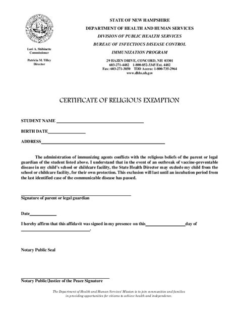 NH DHHS Certificate Of Religious Exemption 2021-2022 - Fill and Sign Printable Template Online