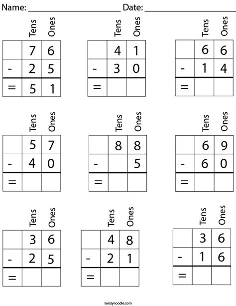 2 Digit Subtraction With Place Value Math Worksheet Twisty Noodle 9fd