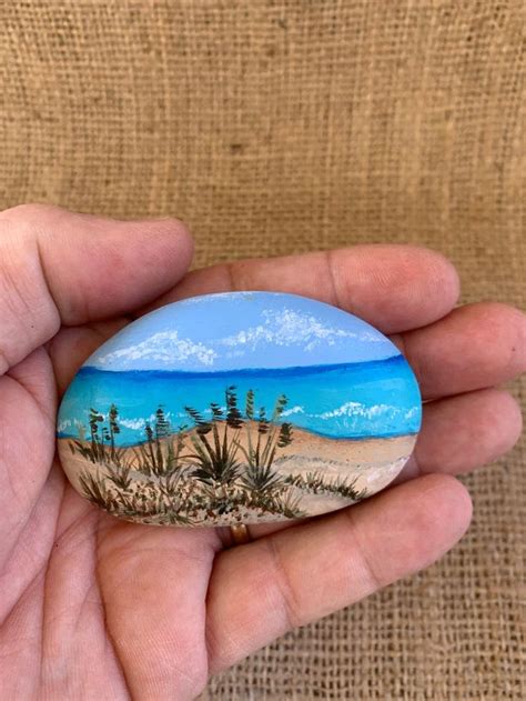 Painted Rock Sand Dune Beach Scene Ocean Waves Hand Painted Beach