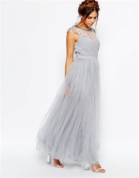 Little Mistress Ruched Bodice Maxi Dress With Pleated Tulle Skirt In