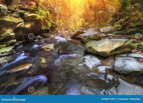 Autumn Landscape Mountain River With Small Waterfall And Rapids Stock