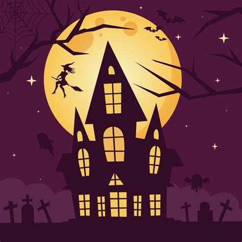 Casa De Halloween Com Desenho Plano Com Bruxa Vetor Premium