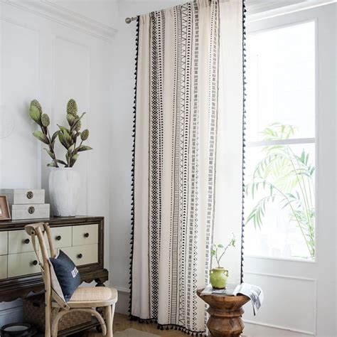 Bohemian Cotton Linen Curtains With Tassels Geometric Print Farmhouse