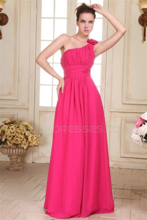 A Line One Shoulder Long Pink Chiffon Prom Evening Formal Party Dresses
