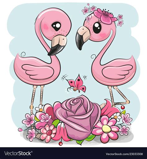 Two Cartoon Flamingos On A Blue Background Vector Image Cute Drawings