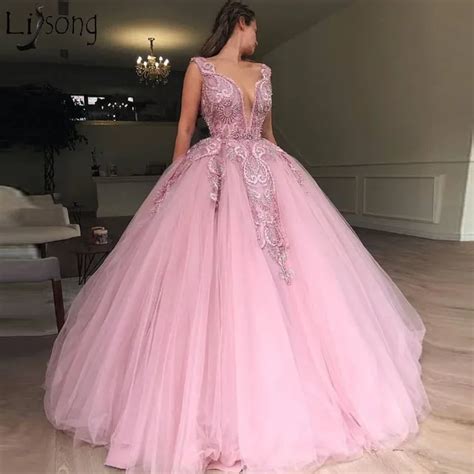 2019 Latest Pink Tulle Ball Gown Prom Dresses Heavy Beading Engagement