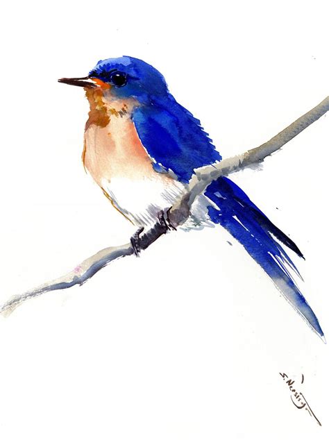 Bluebird Original Watercolor Painting Landscape Horizontal