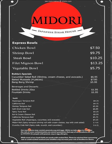 Online Menu Of Midori Japanese Steakhouse Restaurant Florence South