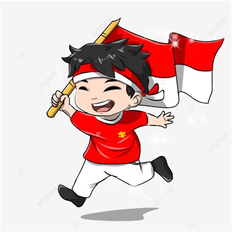 Gambar Vektor Budak Kartun Watak Dengan Bendera Indonesia Kartun