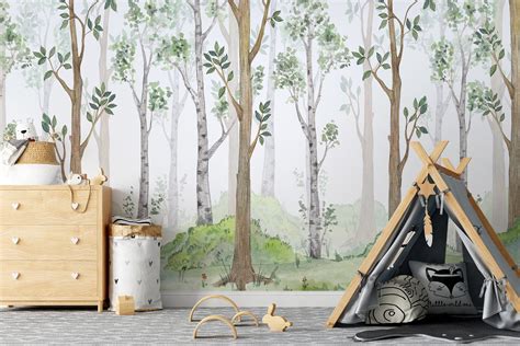 Peel And Stick Wallpaper Trees Forest Wallpaper For Nursery Etsy