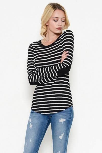 Basic Black And White Striped Long Sleeve Top With Elbow Patches Long