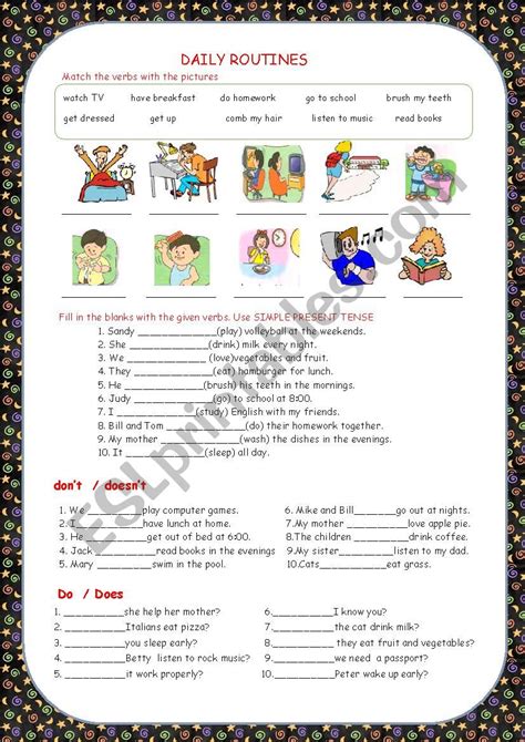 Daily Routines Simple Present Tense Matching Esl Worksheet By 198