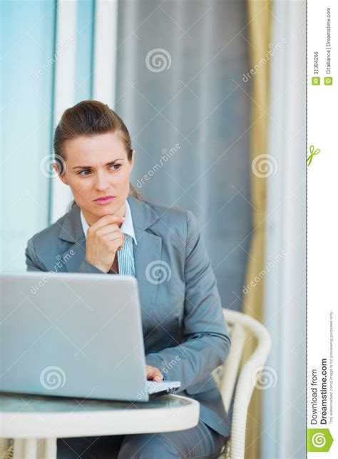 Thoughtful Business Woman Working With Laptop Stock Photo Image Of