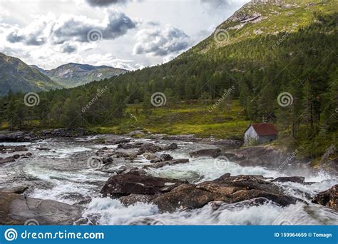 Mountain River And Waterfall In Norway Stock Image Image Of Bridge