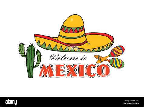 Mexican Icon Welcome To Mexico Sign Travel Sign With Cactus And