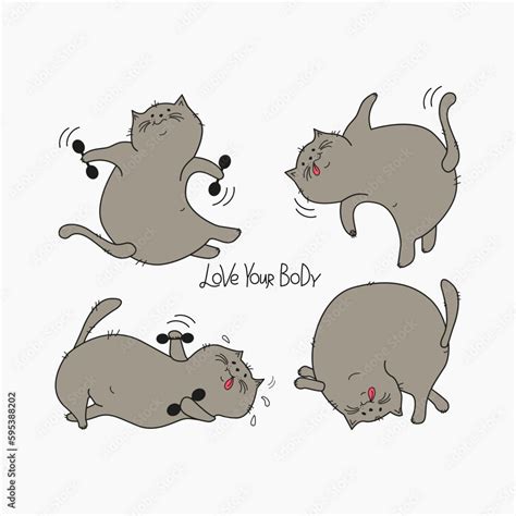 Cartoon Cats Set Lettering Fat Happy Cats Doing Gymnastics Cat With