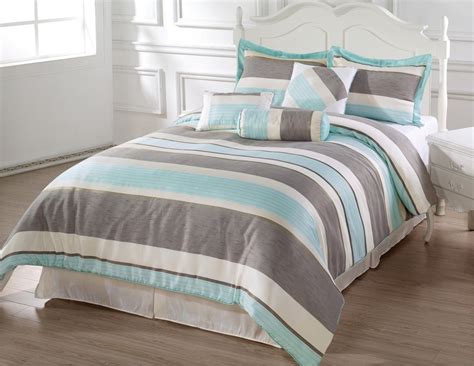 The most common queen comforter gray material is cotton. Bachelor 7pc Comforter Set Aqua Blue, Beige, Grey Stripes ...