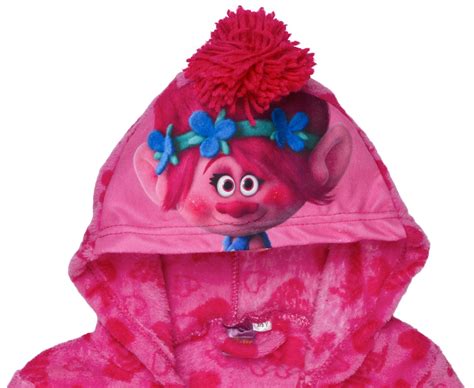 Girls Trolls Hooded Fleece Dressing Gown Poppy Satin Pink Bath Robe