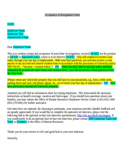 An acceptance letter is written when you are accepting a job offer or a business deal. FREE 7+ Sample Employment Resignation Letter Templates in ...