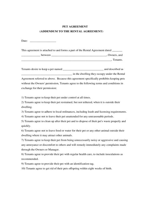 Whether you're a landlord leasing a property or a prospective tenant with a family pet, a pet addendum can. Pet Agreement Form - 5 Free Templates in PDF, Word, Excel ...
