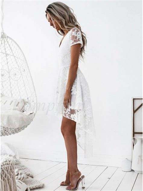 High Low V Neck Short Sleeves Criss Cross Straps White Lace Homecoming