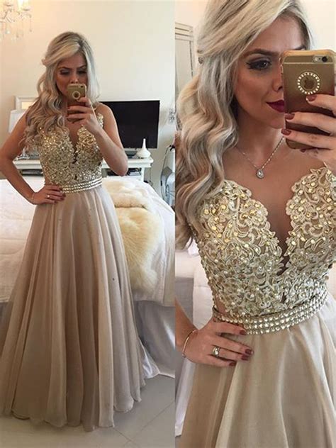 Gold Prom Dresses Gold A Line Scoop Floor Length Chiffon 2016 Prom Dresses Evening Dresses 8687