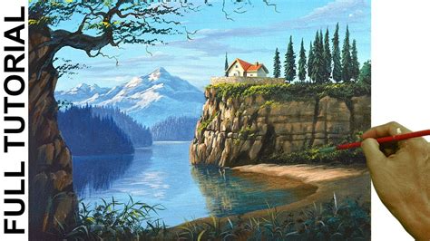 Acrylic Landscape Painting Tutorial House On Top Of Mountain Cliff
