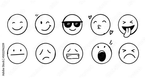 Doodle Emoji Face Icon Set Hand Drawn Sketch Style Emoji With