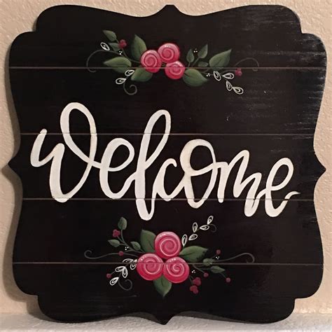 Hand Painted Welcome Sign With Flowers Flower Painting Welcome Sign