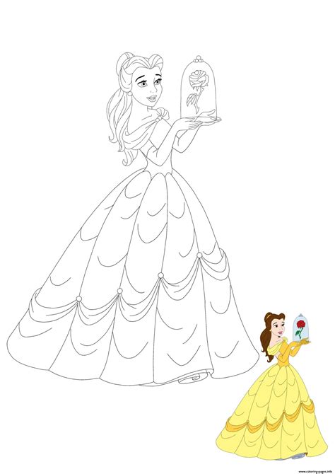 Princess Belle With Rose Coloring Page Printable