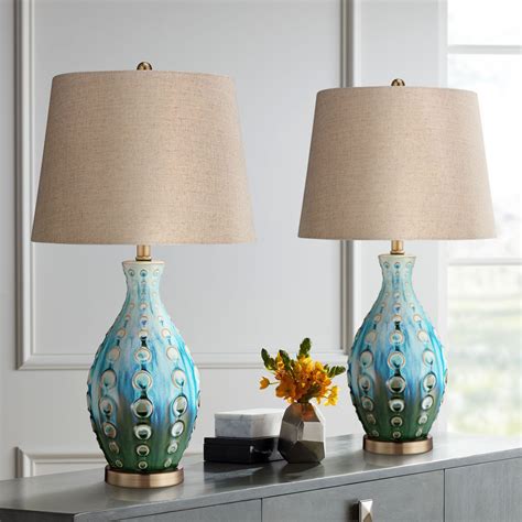 360 Lighting Mid Century Modern Table Lamps 26 5 High Set Of 2 Ceramic Teal Handmade Tan Linen