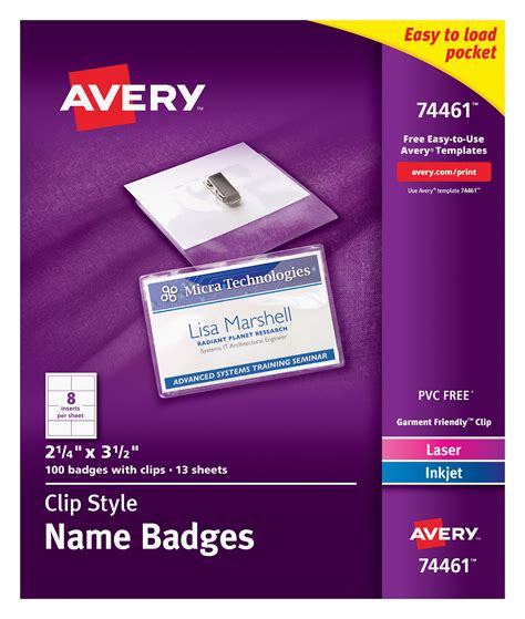 Avery Clip Style Name Badges 2 14 X 3 12 100 Badges 74461