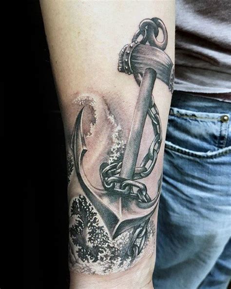 Realistic Anchor With Ocean Wave Guys Inner Forearm Tattoo Anchor