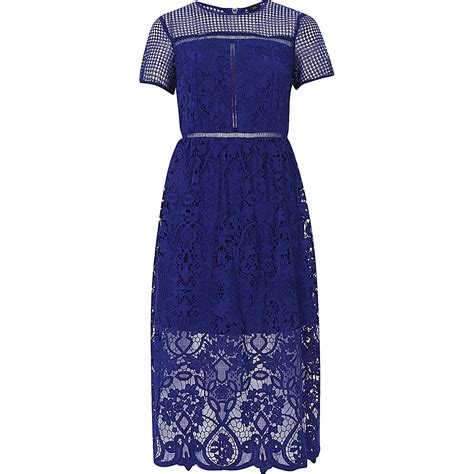 Bright Blue Floral Lace Waisted Midi Dress Swing Dresses Dresses