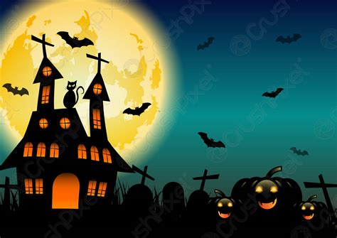 Spooky Halloween Background With Pumpkins And Black Cat Stock Vector