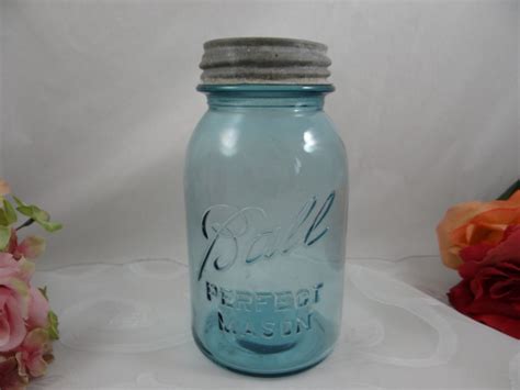 1920s Antique 1 Quart Aqua Blue Ball Perfect Mason Jar Canning Jar With