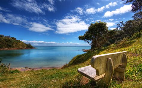 Peaceful Sea Blue Sky And Stone Chair Combined Must Be Comfortable
