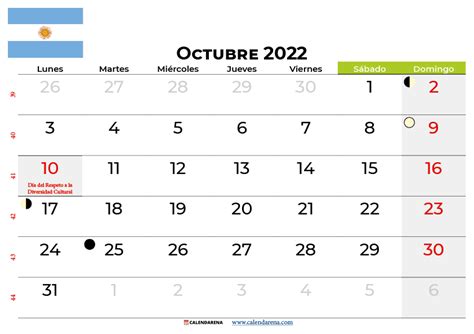 Calendario Octubre 2022 Argentina Para Imprimir