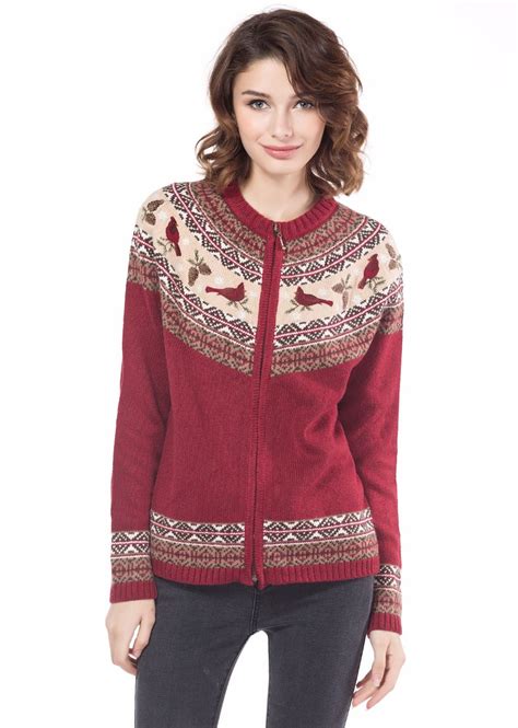 Knitbest 100lambswool Red Women Christmas Sweater Cardigan Bird