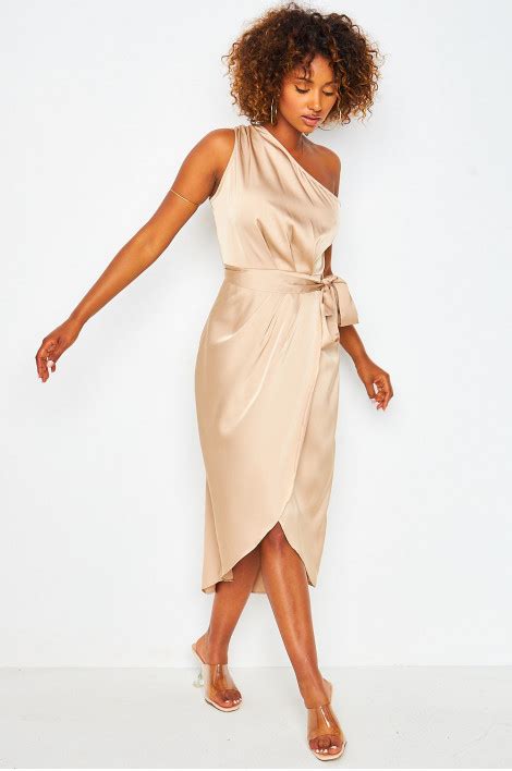 One Shoulder Belted Midi Dress In Taupe Brentiny Paris